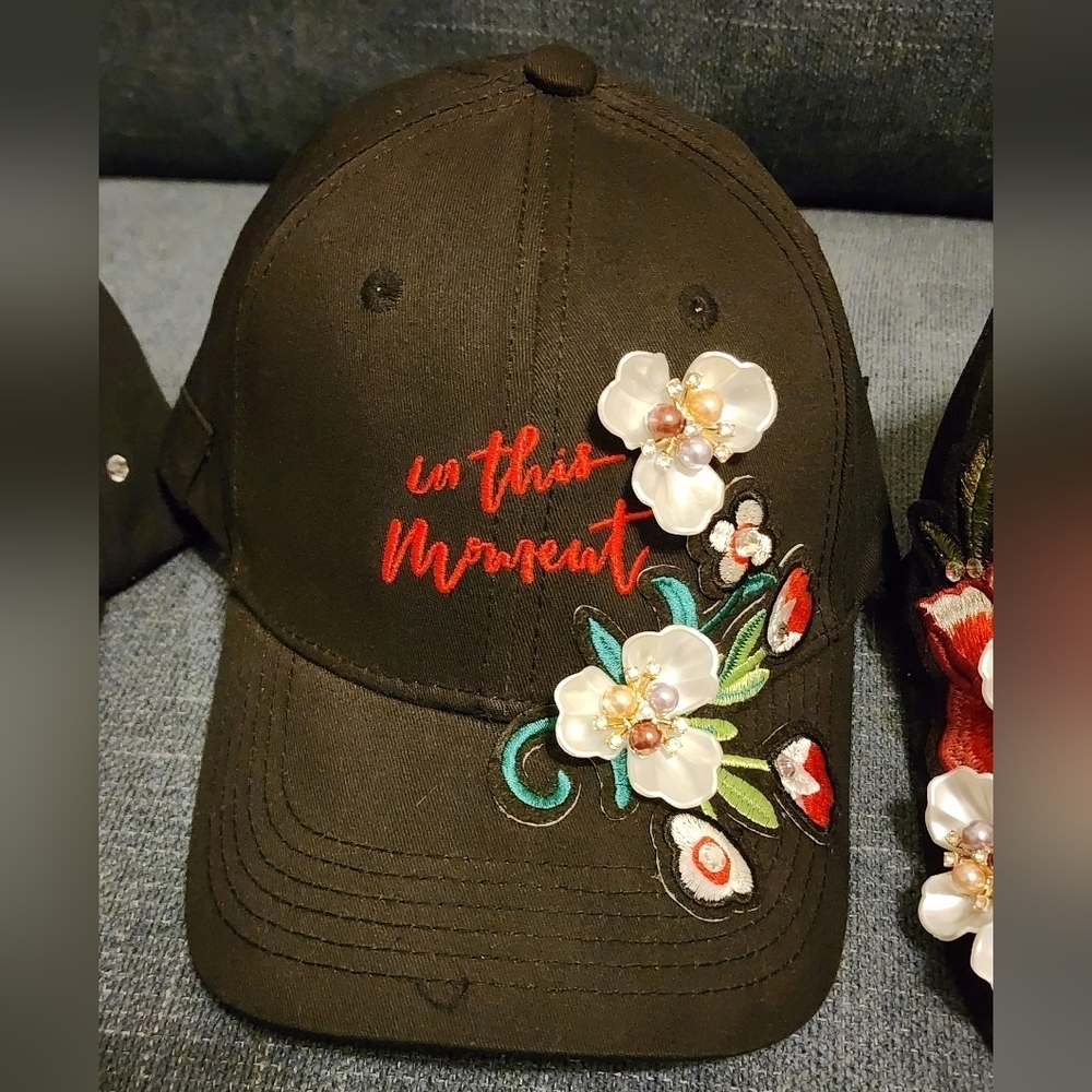 Black Baseball Cap with Floral Embroidery, OOAK Handmade